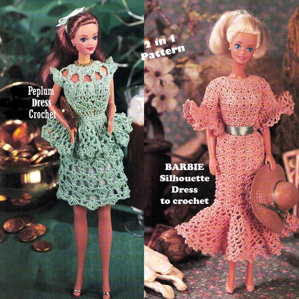 Fashion Doll suit Barbie 2 Dresses Peplum & Silhouette Crochet Pattern Vintage 1991 Crocheted Doll Clothing PDF Digital Download