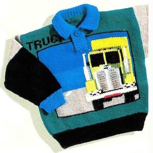 Truck Picture Knit Sweater Child 24-28&quot; Knitting Pattern with Embroidered Truck from Graph DK / 8 ply PDF Digital Download