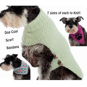 Puede incluir: Un abrigo para perro tejido de color verde claro con botones, una bufanda a juego y una bandana. La imagen muestra un perro que lleva el abrigo y bandanas de diferentes colores. El texto dice "¡7 tallas de cada uno para tejer!" y "Abrigo para perro, bufanda, bandana."