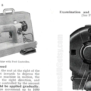 May include: A black and white image of a portable sewing machine with a foot pedal. The machine is in a carrying case with the lid open. The image also shows a close-up of the sewing machine's foot pedal with labels for "O" and "P".