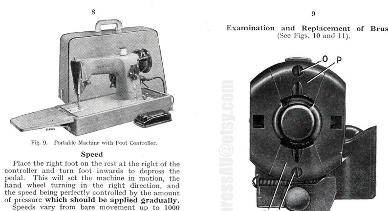 May include: A black and white image of a portable sewing machine with a foot pedal. The machine is in a carrying case with the lid open. The image also shows a close-up of the sewing machine's foot pedal with labels for "O" and "P".