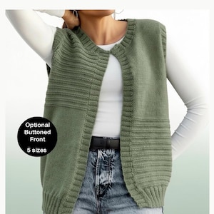 May include: A sage green sleeveless knit vest featuring a round neckline, ribbed trim along the edges, and horizontal textured panels on the front. A black circular graphic on the left side displays the white text Optional Buttoned Front 5 sizes.
