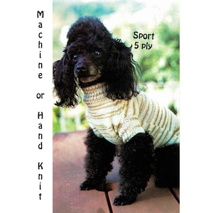 Puede incluir: Un caniche negro con un suéter a rayas. El suéter está hecho con hilo de peso deportivo. El texto "Machine or Hand Knit" y "Sport 5 Ply" es visible en la imagen.
