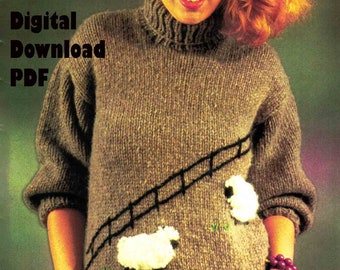 Sweater with Sheep Unisex Vintage Knitting Pattern Jumper Simple Embroidery Digital Instant Download PDF 20 Ply