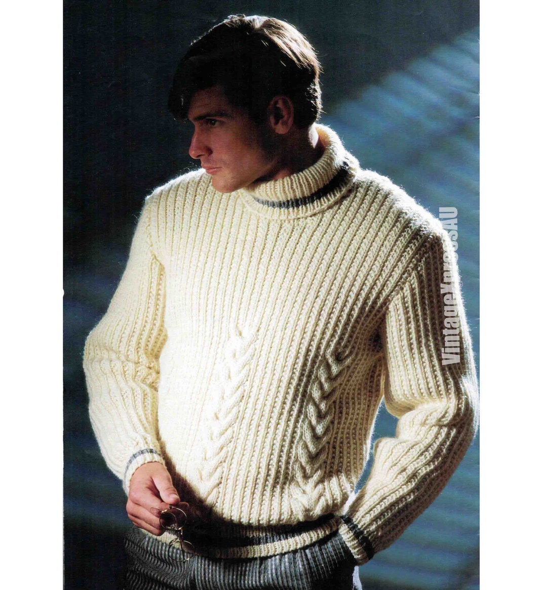 Ribbed Cable Sweater Striped Bands Knitting Pattern Men's Rib Pullover ...