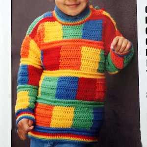 Colour Block Child&#39;s Sweater Crochet Pattern Multi Coloured Children&#39;s Jumper 1-6 years PDF Digital Download
