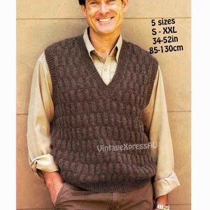Sleeveless Vest Slipover knitting pattern Men 5 sizes S to XXL 85-130cms 34-52in DK 8 ply Textured Pullover PDF digital download in English