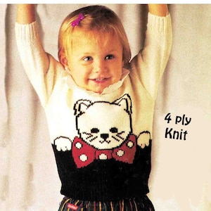 Cat&#39;s Whiskers Niño Suéter Jersey Patrón de punto 4 capas hilo 4 tamaños 6-24 meses 45-55cm PDF descarga digital