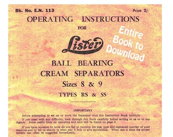 1956 Lister Ball Bearing Cream Separators Operating Instructions Book Sizes 8 & 9 Vintage 14 page PDF Digital COPY