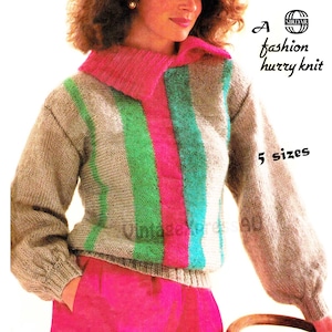 May include: A vintage knit sweater with a pink collar and vertical stripes of green, pink, and teal. The sleeves are long and the body is a neutral color. The text on the image reads "A fashion hurry knit" and "5 sizes".