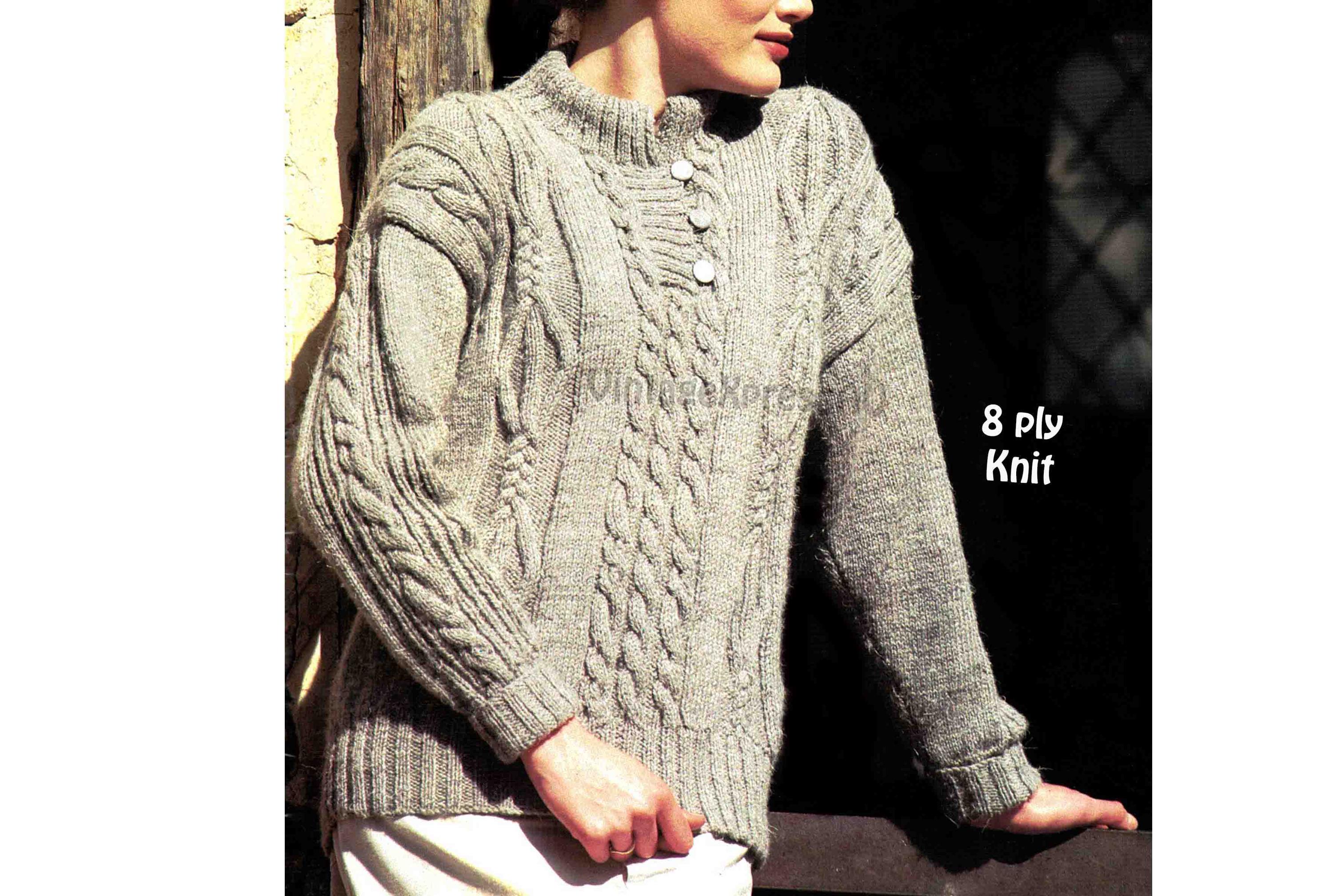 Cable Sweater Button Neck Opening Knitting Pattern DK 8 Ply Women