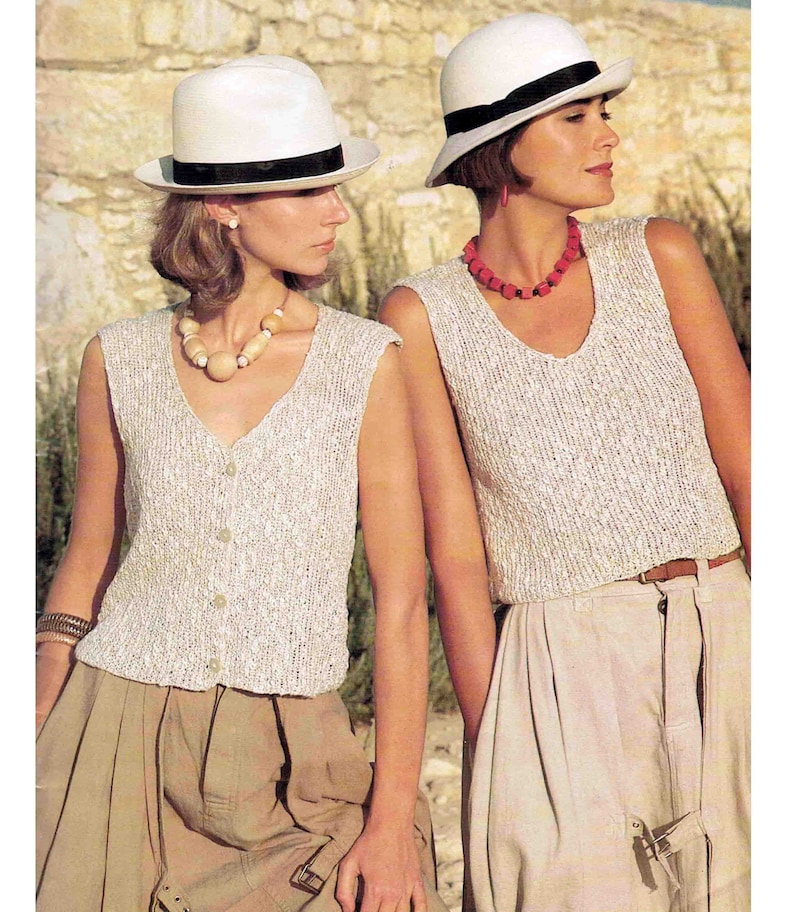 Knit Rib Top Slipover & Waistcoat Vest knitting pattern in ENGLISH Linen look 2 designs in 1 Lady's 4 sizes 32-38 81-97cms image 1