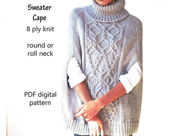 Sweater Cape Knitting Pattern DK / 8 ply Women's 75-110cm ~ Cable Knit Panel ~ Roll or Round Neck Collar ~ PDF Digital Download