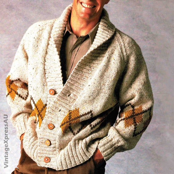 Shawl Collar Fair Isle Cardigan Men Knitting Pattern in ENGLISH 90-115cms 12 ply Vintage PDF Digital Download