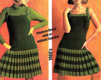 1960's Pinafore Dress & Matching Sweater ~ wear together or separate ~ Vintage Knitting Pattern ENGLISH Pleated Drop Skirt Kilt PDF Digital