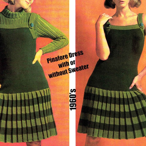 1960's Pinafore Dress & Matching Sweater ~ wear together or separate ~ Vintage Knitting Pattern ENGLISH Pleated Drop Skirt Kilt PDF Digital