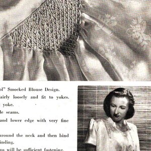 May include: A close-up of a white blouse with a smocked design on the shoulder. The blouse is made of a lightweight fabric and has a simple, elegant style. The text "l" Smocked Blouse Design. fairly loosely and fit to yokes. yoke. le seams. and lower edge with very fine around the neck and then bind inding. ps will be sufficient fastening. in stitches to match any of shoulders." is visible in the image.