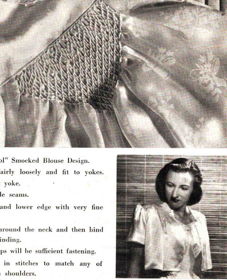 May include: A close-up of a white blouse with a smocked design on the shoulder. The blouse is made of a lightweight fabric and has a simple, elegant style. The text "l" Smocked Blouse Design. fairly loosely and fit to yokes. yoke. le seams. and lower edge with very fine around the neck and then bind inding. ps will be sufficient fastening. in stitches to match any of shoulders." is visible in the image.