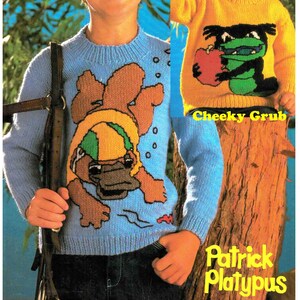 Platypus and Grub Australian Animals Sweater Knitting Pattern with Embroidery graphs 4 & 6 sizes PDF download in ENGLISH
