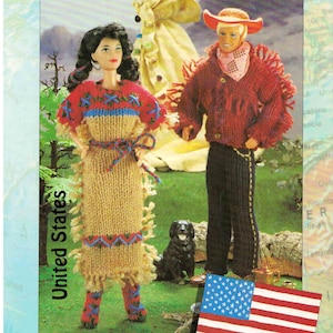 May include: A knitted doll outfit set featuring a long brown dress with fringe and a red and blue patterned vest, and a red knitted jacket with fringe and black pants. The doll outfit set is posed with a black dog and an American flag.