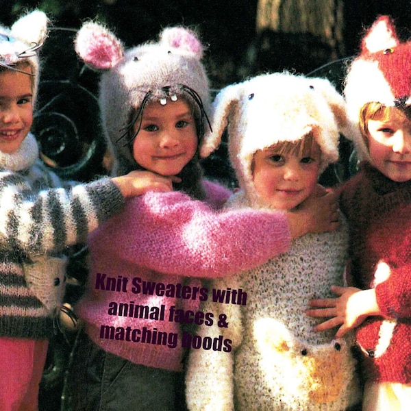 Enfant 4 chandails visage d'animal pulls avec capuches assorties modèle de tricot unisexe 2-6 ans renard agneau souris chat Easy Knit PDF fichier numérique