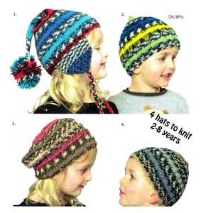 May include: Four different knitted hats for children ages 2-8 years. The hats are in various colors and patterns, including blue, red, green, yellow, and brown.  DK/8Ply.