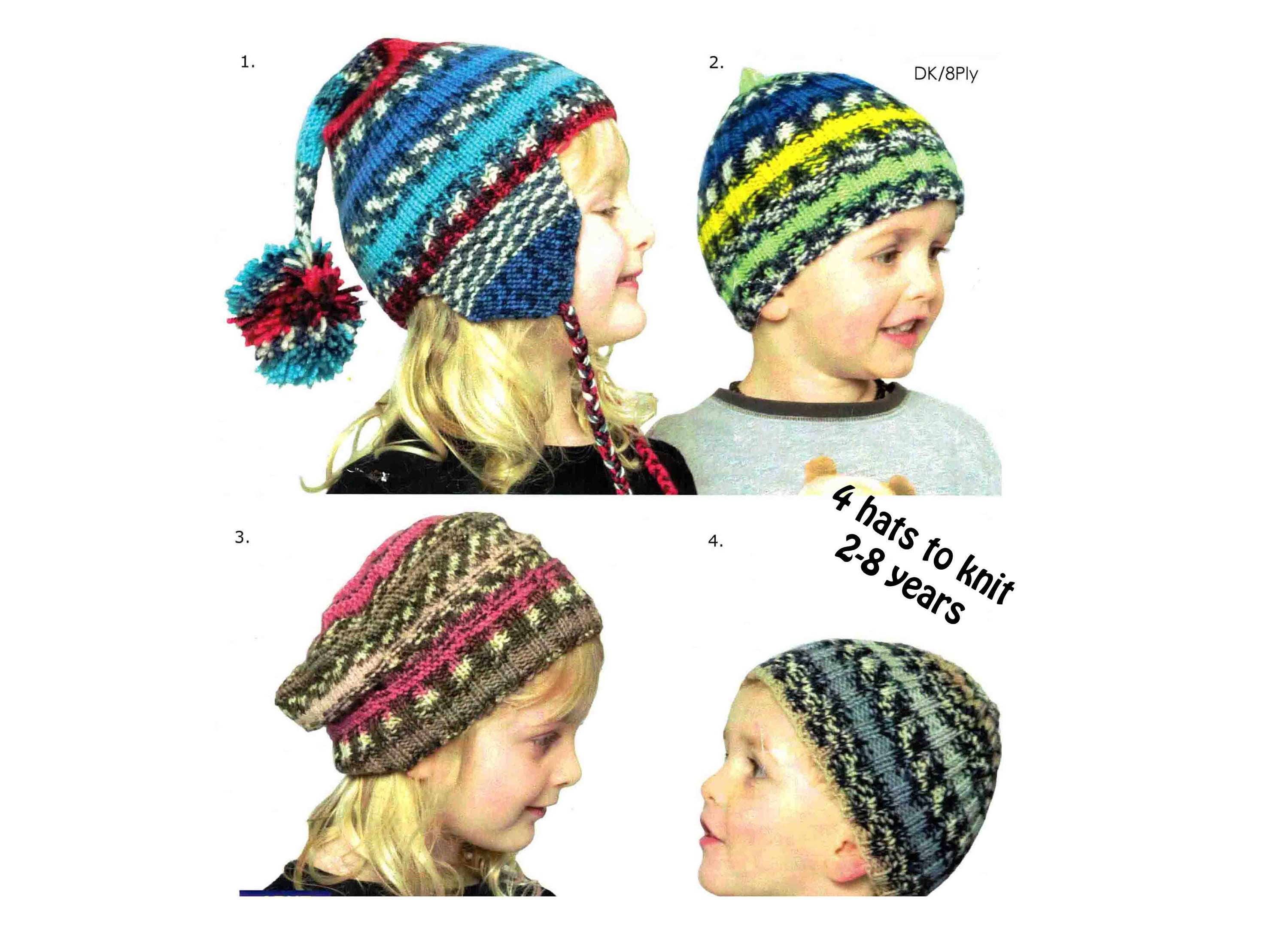 Children's Knitted Hats X 4 Knitting Patterns DK 8 Ply Ear - Etsy