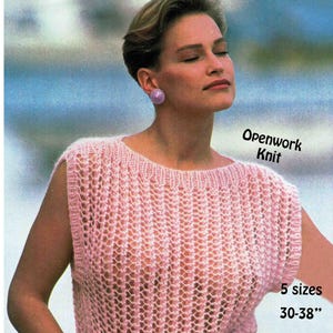 May include: A pink openwork knit sleeveless top with a round neckline. The pattern is a simple stitch with a lot of open space. The top is available in 5 sizes, 30-38 inches.