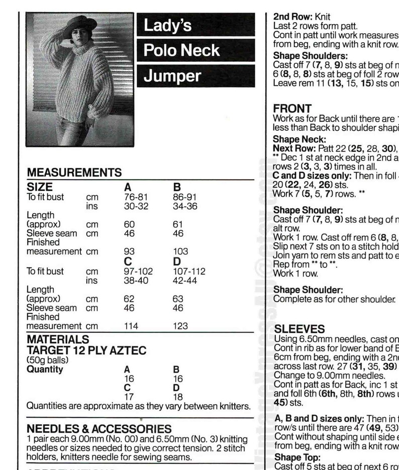 Polo Neck Ribbed Sweater Lady's Knitting pattern Bulky 12 ply Polo Collar 2 sizes 76-91cm 30-36 PDF digital download image 3