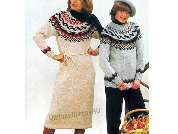 fair isle dress knitting patterns and Sweater Pattern Bulky 12 Ply Women 5 Sizes 75-95cms 29.1/2-37.1/2
