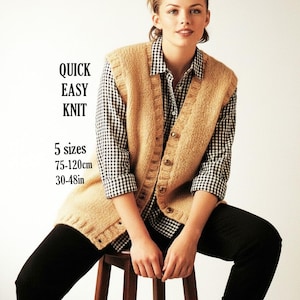 May include: A tan knitted button-up vest worn over a black and white gingham shirt and black pants. The text reads QUICK EASY KNIT, 5 sizes, 75-120cm, 30-48in. The vest features a ribbed collar, armholes, and hem with a front button closure.
