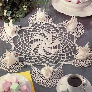 Napperon cygnes au crochet, motif filet de 40 cm de diamètre 15,3/4&quot; avec 6 cygnes au crochet cygne vintage PDF à télécharger en anglais