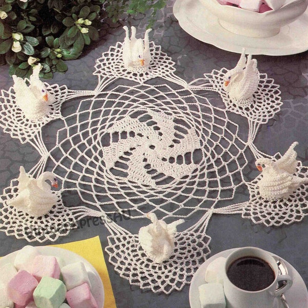 Swans Doily filet crochet pattern 40cm in diameter 15.3/4" Vintage PDF digital download