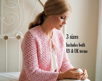 Women's Bed Jacket Crochet Pattern 3 sizes Retro Vintage 1970s Shrug Cardigan (PDF download ENGLISH)