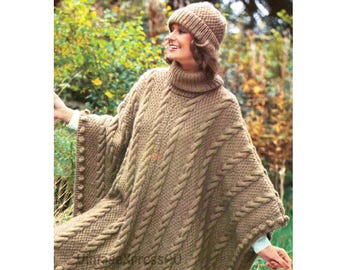 Poncho und Mütze Damen Strickmuster (Anleitung) Stil 1 Grösse 100 cm mit Zopfmuster & Quasten ~ Mütze Grösse Kopf PDF ENGLISCH