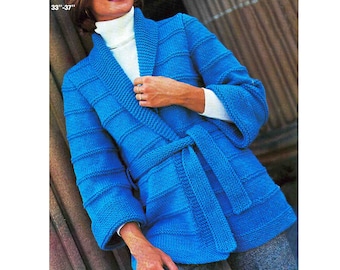 Knitted Jacket Shawl Collar & Tie Belt 12 Ply Knitting Pattern in ENGLISH Women's coat Vintage PDF digital download