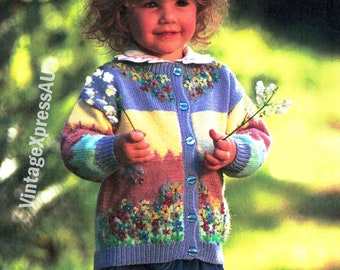 Flower Garden Cardigan Child's Knitting pattern Fair Isle & Embroidery 5 ply Jacket 18m to 3 yrs Vintage PDF Digital Download