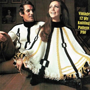 Poncho Cape and Sweater Knitting Pattern in ENGLISH 12 ply Vintage 1980&#39;s Stripes Knitted & Motifs Embroidered PDF Digital Download
