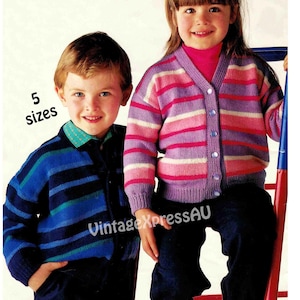 May include: Two children modeling knitwear. A boy wears a blue striped button-up sweater with a green collar. A girl wears a pink, purple, and white striped cardigan over a pink turtleneck. The text "5 sizes" is visible.