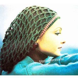 スヌード かぎ針編みパターン 1970年代 メッシュヘアネット ヘアラップ かぎ針編み 8本撚り DK ~ ロングヘアの平均的な頭にフィットする1サイズ ~ PDFダウンロード（英語）