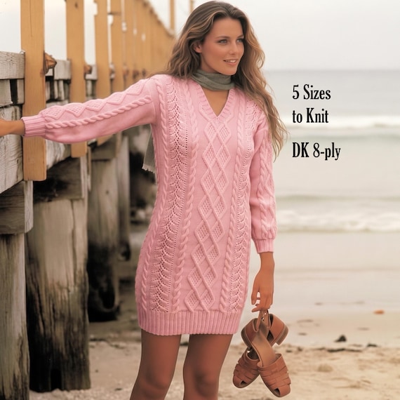 Aran Sweater Dress Knitting Pattern, 5 sizes Women's Long Jumper, DK 8 ply (PDF Download in ENGLISH)