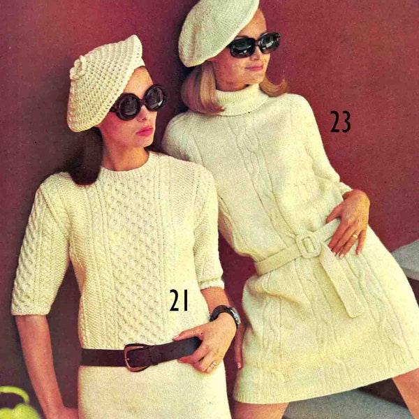 Sweater Dresses Aran Cable Knits & Crocheted Tam-O-Shanters Berets Crochet and Knitting Pattern Vintage PDF Digital Download