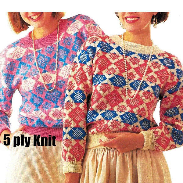 Ladies Fair Isle Sweater Pullover Jumper 5 ply Knitting Pattern Ligne par ligne et graphique PDF Téléchargement numérique