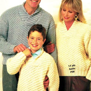 Schalkragen Familie Pullover Strickmuster 14 fädig Vintage 9 Größen Mann Dame Kind 71-112 cm 28-44 im PDF Download in ENGLISCH