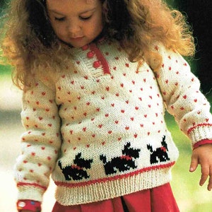Childs Scottie Dog Sweater Knitting Pattern Scottish Terrier motifs Tab front 8 ply 1-5 years PDF Digital Download