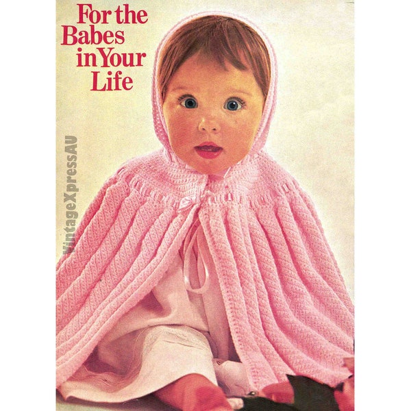 Baby Cape Cloak and Hood Knitting pattern 3 ply light fingering Babies 20 inch underarm Vintage 1960s PDF digital download