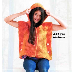May include: A bright orange sleeveless hooded vest made of thick knit yarn. The garment features four large, light-colored circular buttons arranged in two vertical rows on the front. Text on the right side indicates 4-12 yrs and 60-80cm.