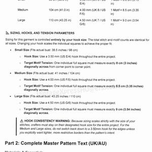 May include: A document titled Crochet Waistcoat ~ Lacy Motifs containing a sizing chart for small, medium, and large sizes. It lists target bust measurements, hook size requirements, and mandatory diagonal gauge for each size in inches and centimeters.