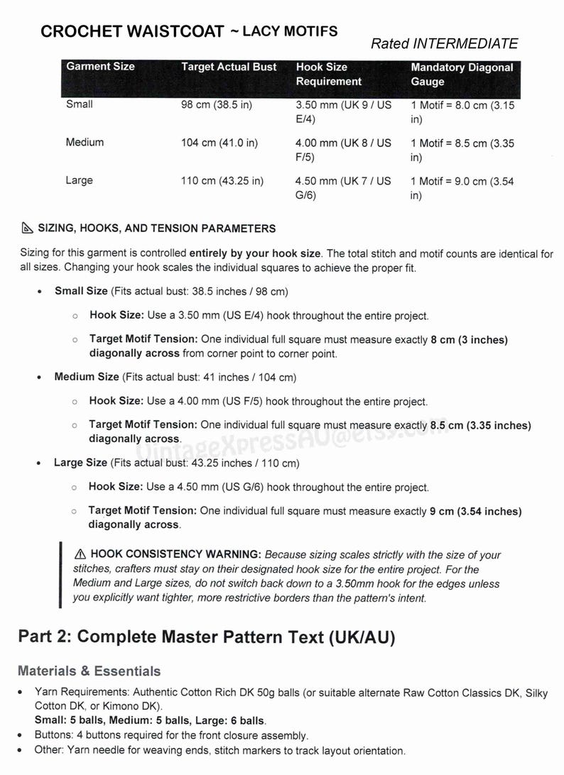 May include: A document titled Crochet Waistcoat ~ Lacy Motifs containing a sizing chart for small, medium, and large sizes. It lists target bust measurements, hook size requirements, and mandatory diagonal gauge for each size in inches and centimeters.
