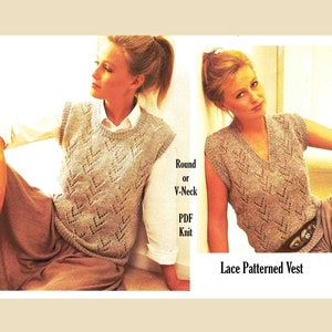 May include: A light brown, lace-patterned vest with a V-neck design. The vest is shown on a person wearing a white shirt and tan trousers. The text "Lace Patterned Vest" is visible. The image also includes the text "Round or V-Neck PDF Knit".